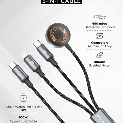 Neopack Smart Link 3in1 Cable with USB-C, Lightning and Apple Watch Connectors 100W Compatible with All Smartphones, iPhones, Tablets, USB-C Enabled Devices and Apple Watch (Black) - NEW