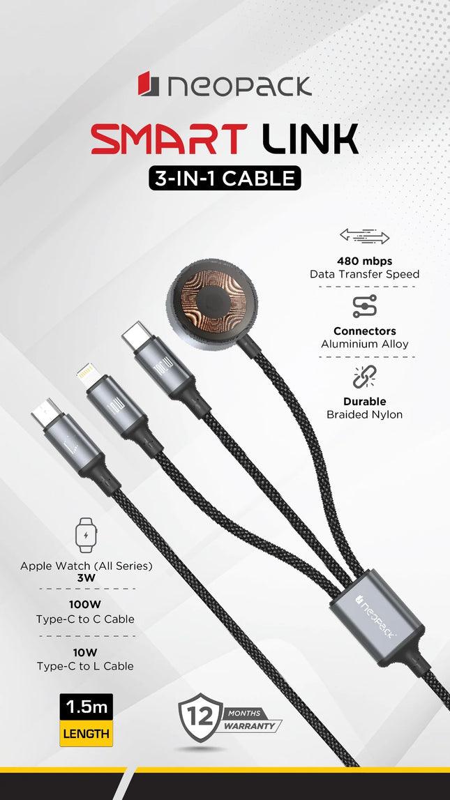 Neopack Smart Link 3in1 Cable with USB-C, Lightning and Apple Watch Connectors 100W Compatible with All Smartphones, iPhones, Tablets, USB-C Enabled Devices and Apple Watch (Black) - NEW